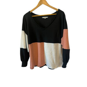 CLEO Petites Top Women’s Large Colour Blocked Long Sleeve Waffle V Neck L